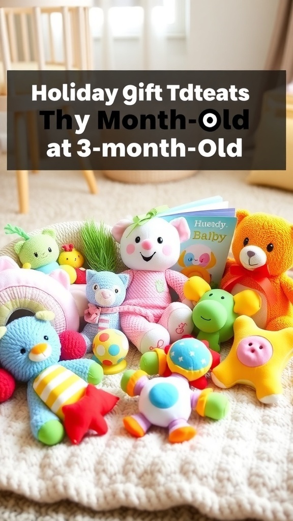 Christmas Gift Ideas for 3-Month-Old Babies A collection of baby toys for 3-month-olds, including plush toys and colorful books, on a soft blanket in a nursery.